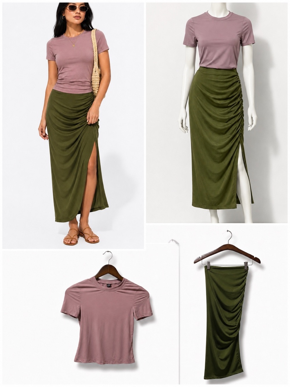 SHEIN | NWOT Bundle Set Mauve Tee & Olive Green Ruched Side-Slit Maxi Skirt (XS)